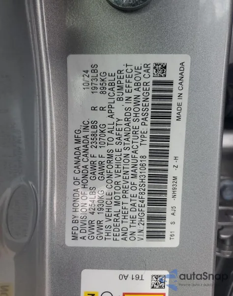 2025 Honda Civic Sport z USA, uszkodzony, nr VIN 2HGFE4F82SH310618